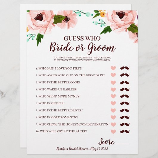 ブライダルシャワーゲーム花嫁または花婿フローラ (正面/裏面)