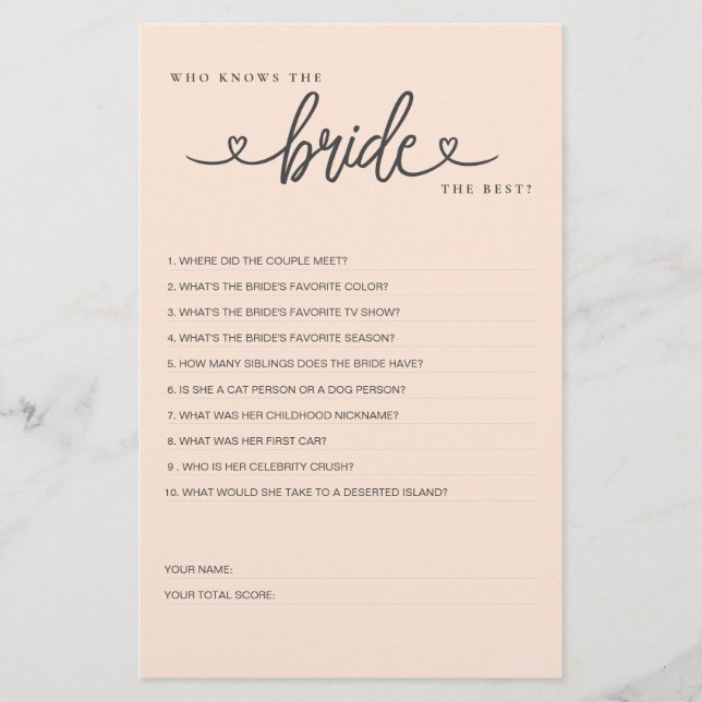 ブライダルシャワーゲーム誰が花嫁を知っ最高のている？ (正面)