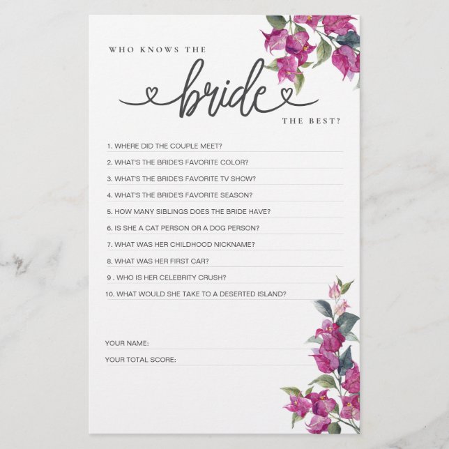 ブライダルシャワーゲーム誰が花嫁を知っ最高のている？ (正面)