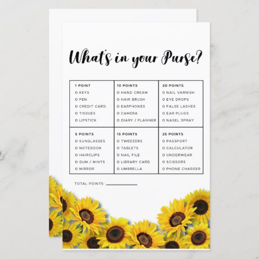 ブライダルシャワーゲーム財布のひまわり花の中身 (正面/裏面)