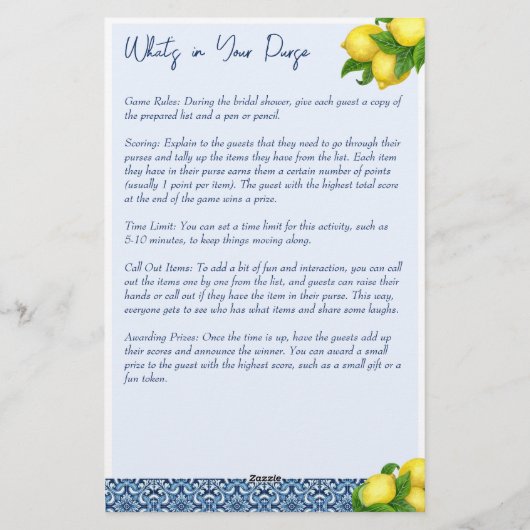 ブライダルシャワーゲーム財布の中に何があるか 便箋 (裏面)