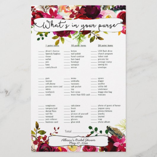 ブライダルシャワーゲーム財布/ビンゴ，ブルゴーニュフローラ (正面)