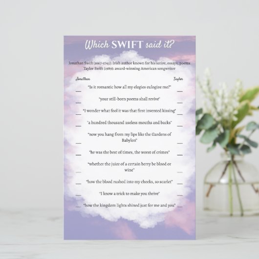 ブライダルシャワーゲーム「どのスウィフトが言った？」 (スタンド正面)