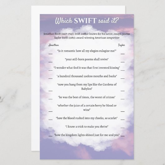 ブライダルシャワーゲーム「どのスウィフトが言った？」 (正面/裏面)