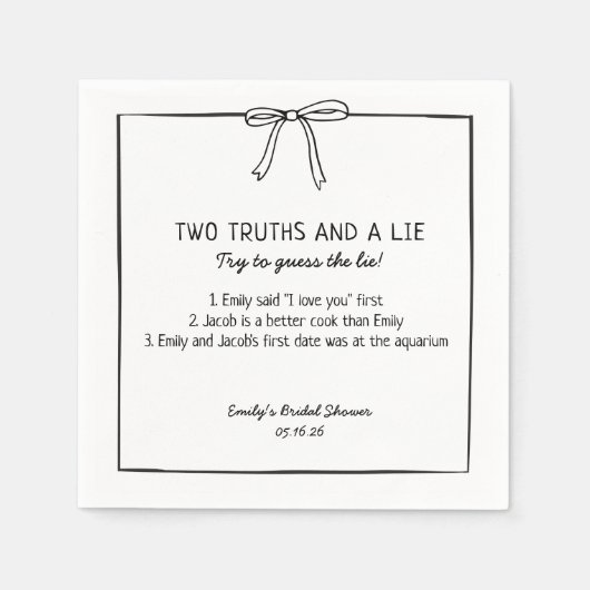 ブライダルシャワーゲーム「二つの真実と嘘」おもしろい事実 スタンダードカクテルナプキン (正面)