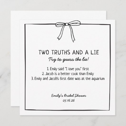 ブライダルシャワーゲーム「二つの真実と嘘」おもしろい事実 ノートカード (正面/裏面)