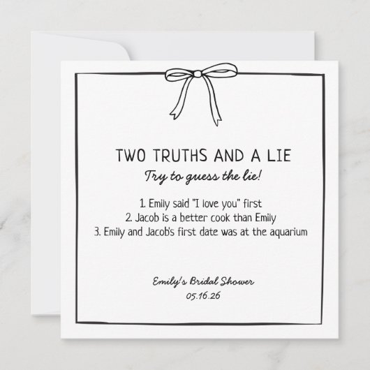 ブライダルシャワーゲーム「二つの真実と嘘」おもしろい事実 ノートカード (正面)