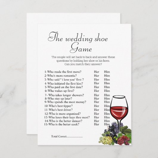 ブライダルシャワーゲーム、結婚式の靴ゲーム、 招待状 (正面/裏面)