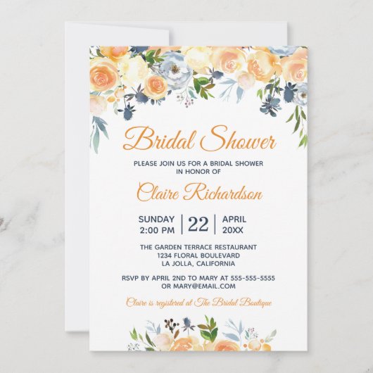 ブライダルシャワーコーラルピーチネイビーウォーターカラーフローラ 招待状 (正面)