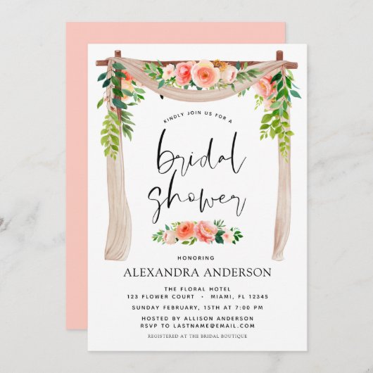 ブライダルシャワーコーラルピーチフローラ招待状 招待状 (正面/裏面)
