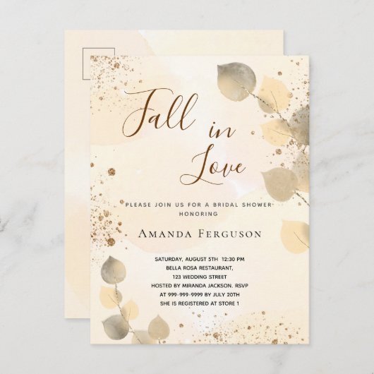 ブライダルシャワーゴールデンユーカリグリッター秋 インビテーションポストカード (正面/裏面)