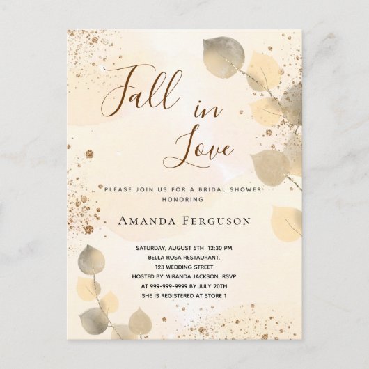 ブライダルシャワーゴールデンユーカリグリッター秋 インビテーションポストカード (正面)