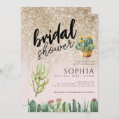 ブライダルシャワーサボテン金ゴールドグリッターグラマラスGlam D 招待状 (正面/裏面)