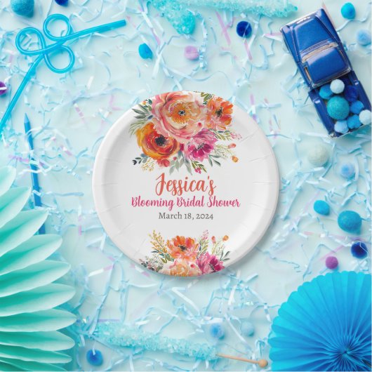 ブライダルシャワーサマーオレンジとピンク花模様 ペーパープレート (パーティー)