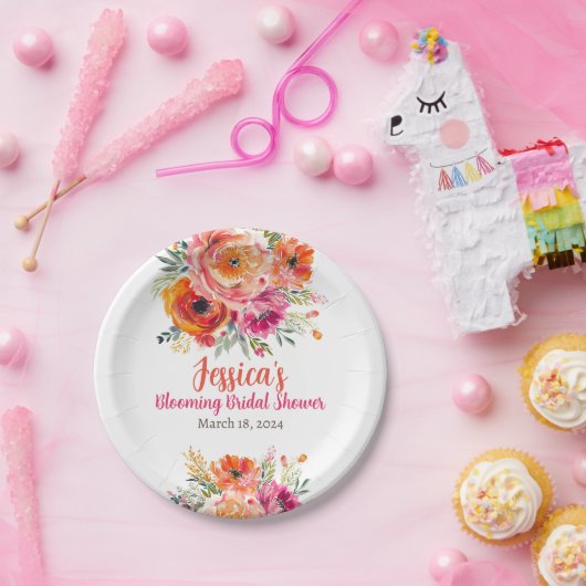 ブライダルシャワーサマーオレンジとピンク花模様 ペーパープレート (パーティー)