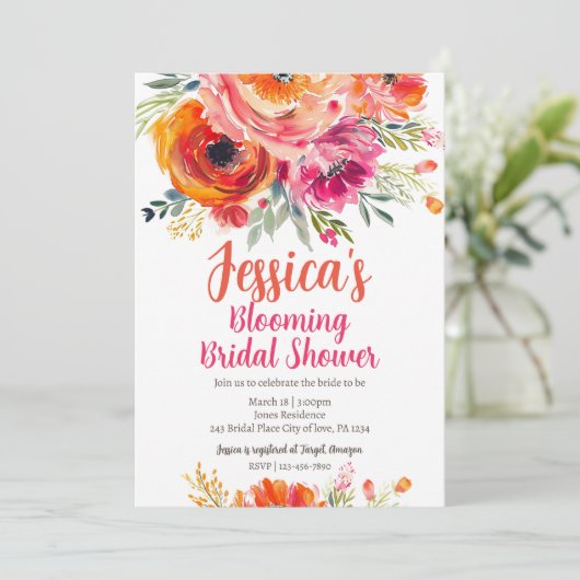 ブライダルシャワーサマーオレンジとピンク花模様 招待状 (スタンド正面)