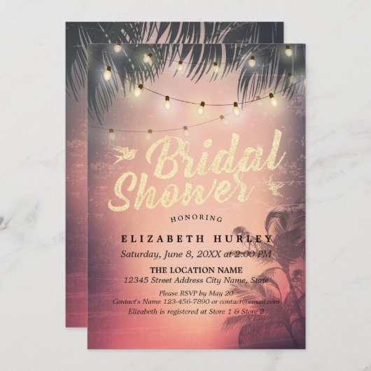 ブライダルシャワーサマービーチパームツリーズストリングライト 招待状 (正面/裏面)