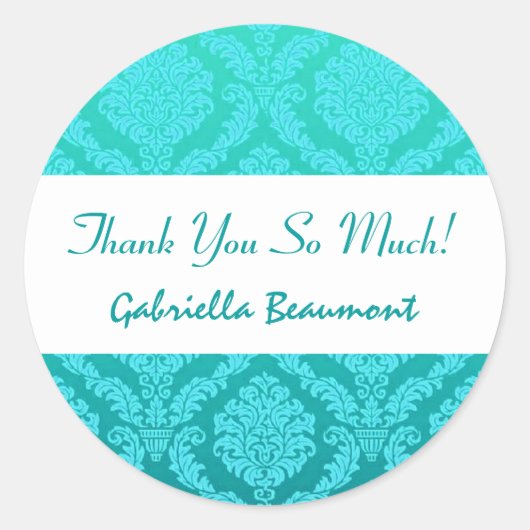 ブライダルシャワーサンキューアクアアンドティール(緑がかった色)ダマスクV33 ラウンドシール (正面)