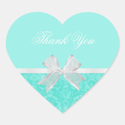 ブライダルシャワーサンキューシックアクアダムスクホワイトボウ ハートシール (正面)