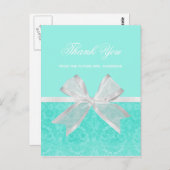 ブライダルシャワーサンキューシックアクアダムスクホワイトボウ ポストカード (正面/裏面)