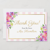 ブライダルシャワーサンキューピンクと金ゴールドフローラ サンキューカード (正面)