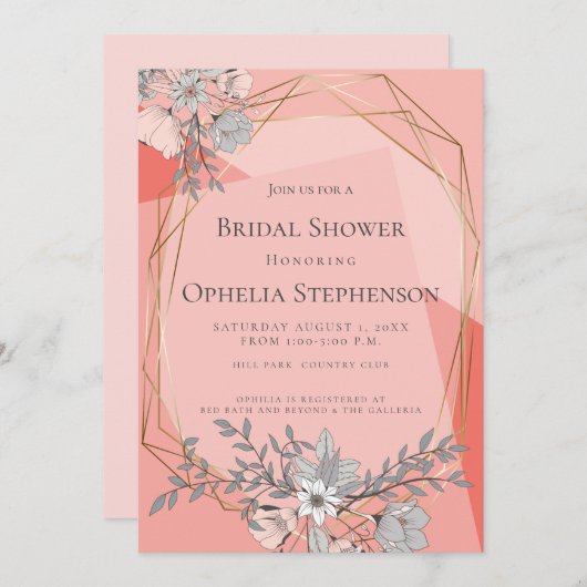 ブライダルシャワーサンゴフローラ幾何金ゴールド枠 招待状 (正面/裏面)