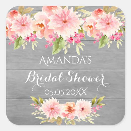 ブライダルシャワーサンゴ桃ダリアフラワーグレー スクエアシール (正面)