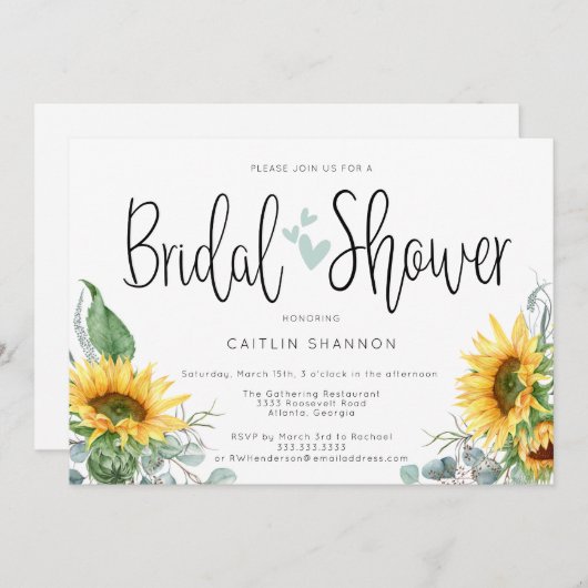 ブライダルシャワーサンフラワーシージグリーンハート 招待状 (正面/裏面)