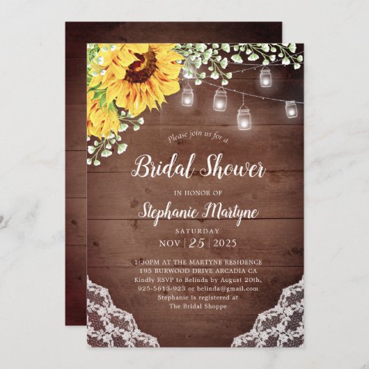 ブライダルシャワーサンフラワーレースメイソンジャールライト 招待状 (正面/裏面)