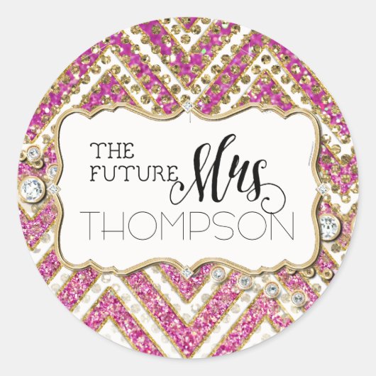 ブライダルシャワーシェブロンストライプのジュエルグリッターピンク ラウンドシール (正面)