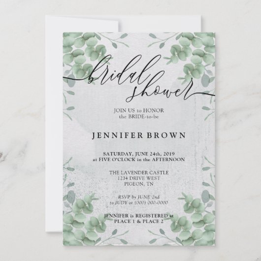ブライダルシャワーシグネチャーユーカリ素朴グリーン 招待状 (正面)