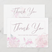ブライダルシャワーシックウォーターカラー赤面ピンクフローラ サンキューカード (正面/裏面)