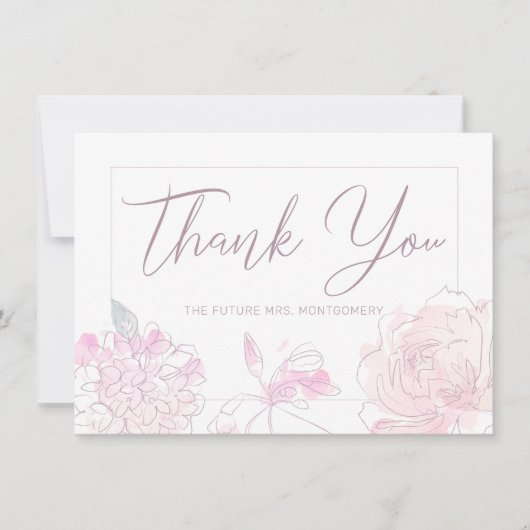 ブライダルシャワーシックウォーターカラー赤面ピンクフローラ サンキューカード (正面)