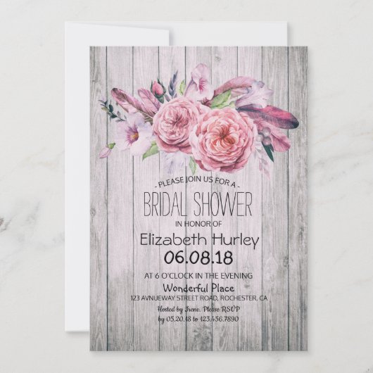 ブライダルシャワーシックボホフローラフェザー素朴ウッド 招待状 (正面)