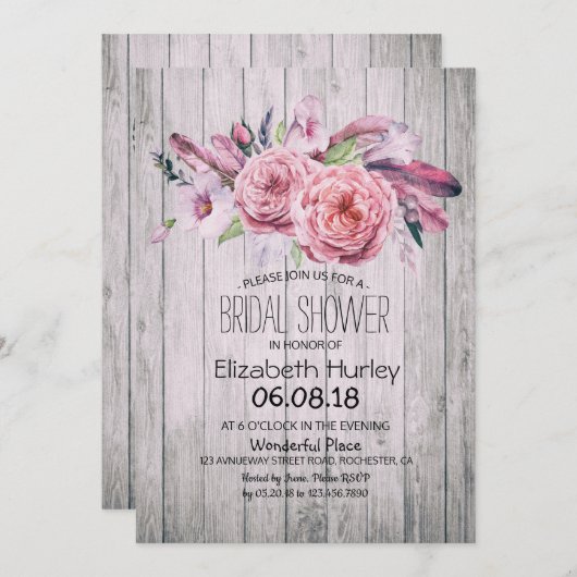 ブライダルシャワーシックボホフローラフェザー素朴ウッド 招待状 (正面/裏面)