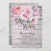 ブライダルシャワーシックボホフローラフェザー素朴ウッド 招待状 (正面/裏面)