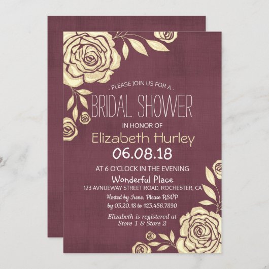 ブライダルシャワーシモダンックゴールデンバラブルガンディレッド 招待状 (正面/裏面)