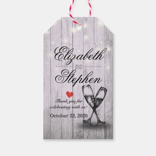 ブライダルシャワーシャンパングラスウッドストリングライト ギフトタグ (正面)