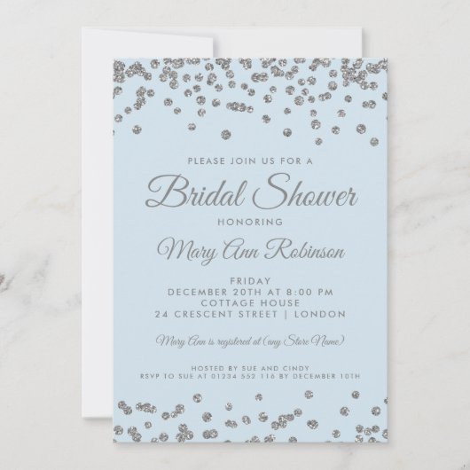 ブライダルシャワーシルバーグリッター紙吹雪アイスブルー 招待状 (正面)