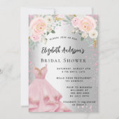 ブライダルシャワーシルバーピンクドレスグリッターグラマラス 招待状 (正面)