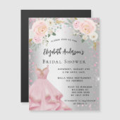 ブライダルシャワーシルバーピンクドレスグリッター贅沢 マグネット招待状 (正面/裏面)