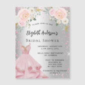 ブライダルシャワーシルバーピンクドレスグリッター贅沢 マグネット招待状 (正面)