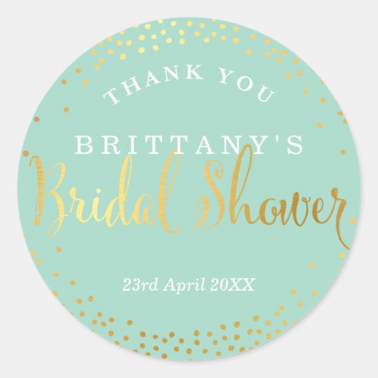 ブライダルシャワーシールスタイリッシュミニ金ゴールド紙吹雪ミント ラウンドシール (正面)