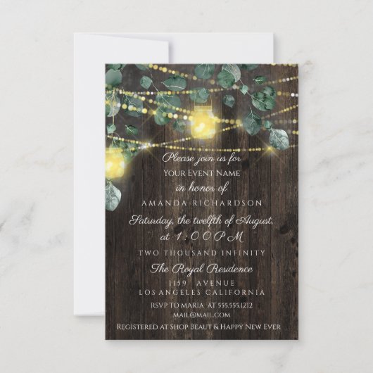 ブライダルシャワースウィート16ウッドジャースライトユーカリプトゥス 招待状 (正面)
