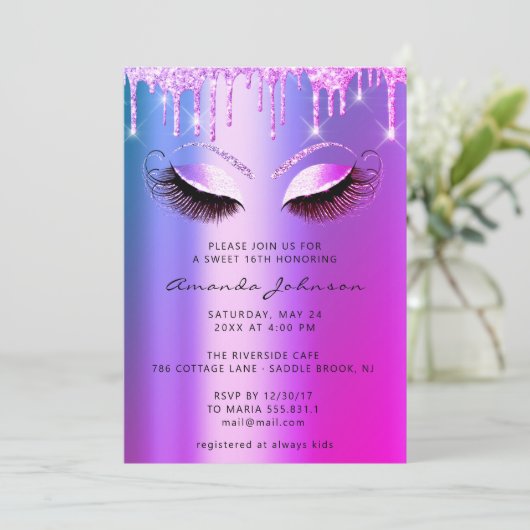 ブライダルシャワースウィート16グリッターピンクアイドリップ 招待状 (スタンド正面)
