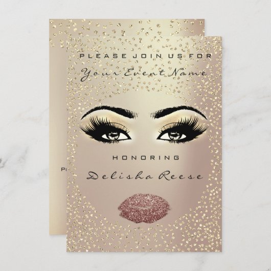 ブライダルシャワースウィート16番目のキスメイクアップバラ金ゴールド 招待状 (正面/裏面)