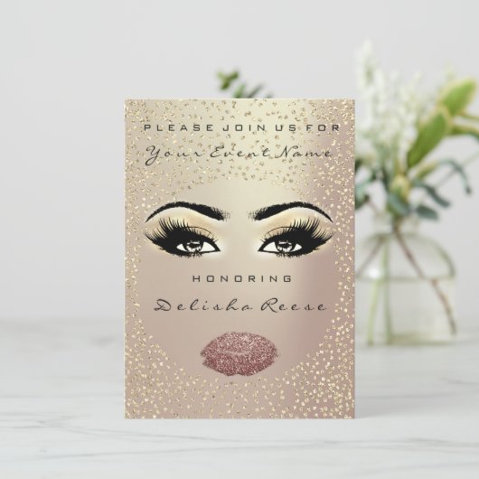 ブライダルシャワースウィート16番目のキスメイクアップバラ金ゴールド 招待状 (スタンド正面)