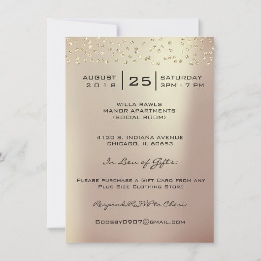 ブライダルシャワースウィート16番目のキスメイクアップバラ金ゴールド 招待状 (裏面)