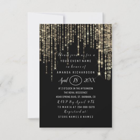 ブライダルシャワースウィート16番目の白黒金ゴールドストライプ 招待状 (正面)