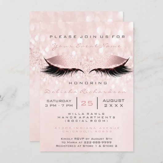 ブライダルシャワースウィート16目メイクアップピンクローズグレー 招待状 (正面/裏面)